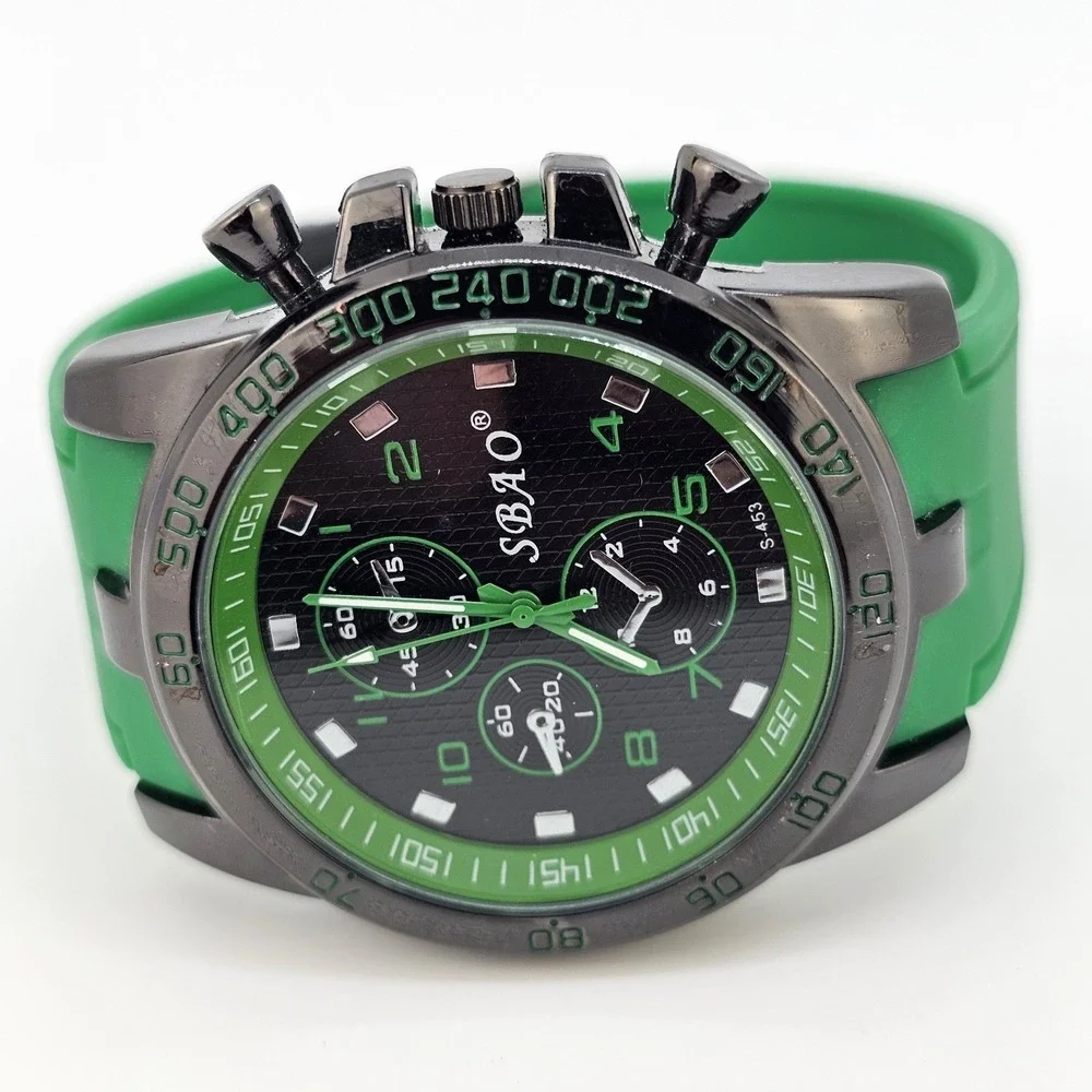 Men's Analog‎ Watch 45MM Black Dial Green Plastic Bands New Battery